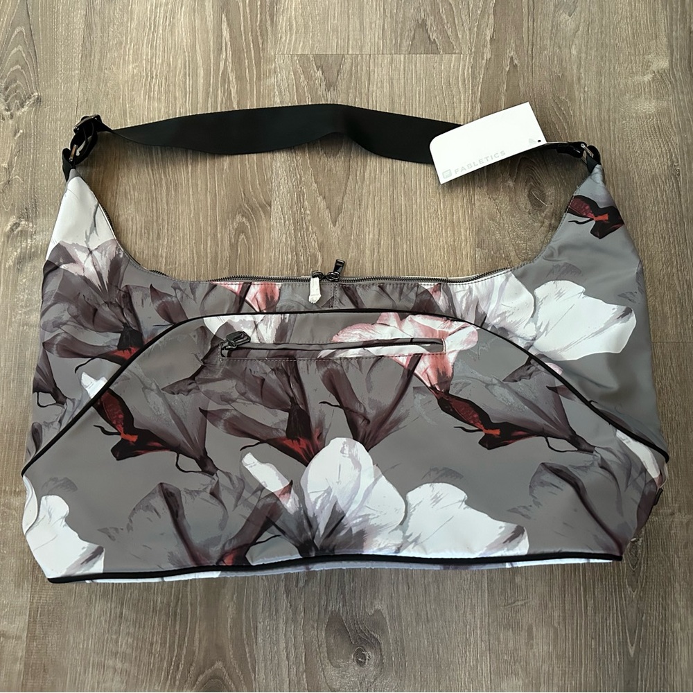 Fabletics Gray and White Duffle Gym Bag with Floral Design New with Tags